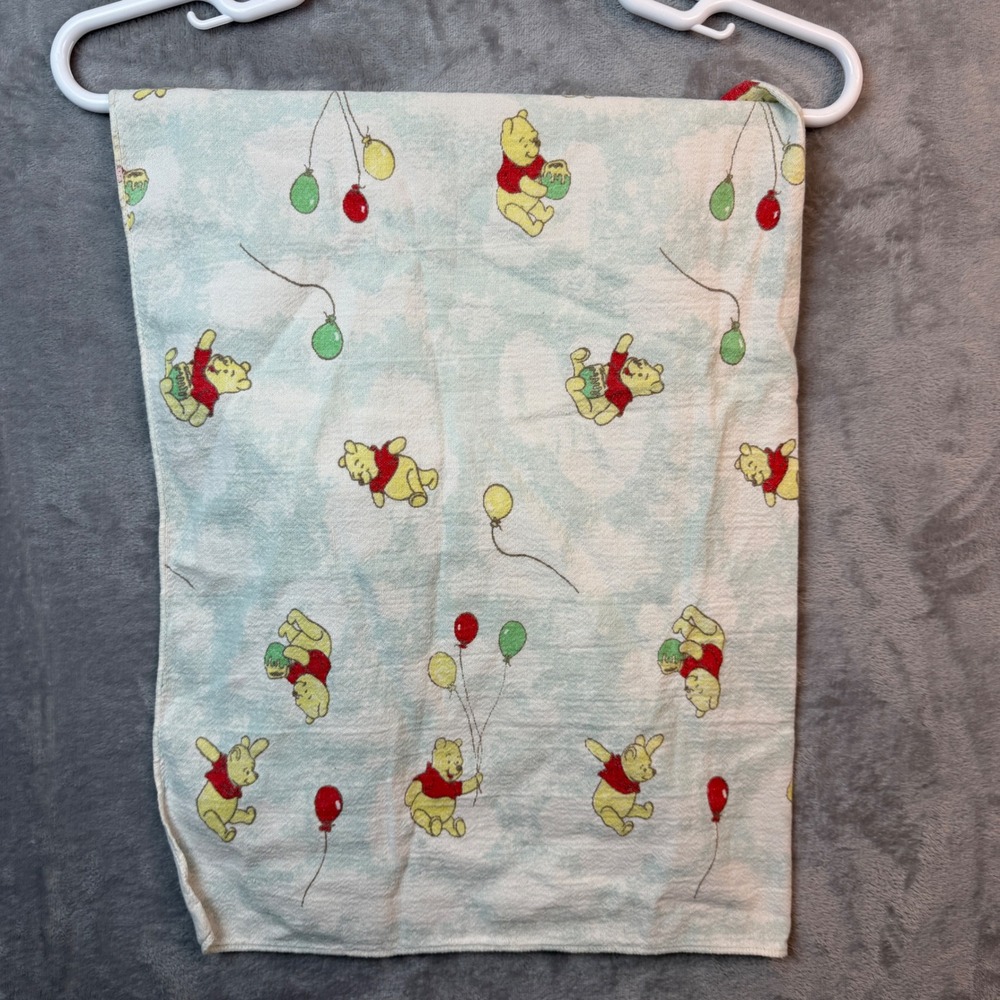 Vtge Disney Winnie‎ the Pooh Baby Blanket Blue Balloons Honey Pot 26x31 Flannel